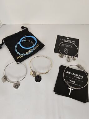 Alex and Ani Bracelet Lot of 6 Sacred Dove Cross Lotus Peace Petals Blue Beaded